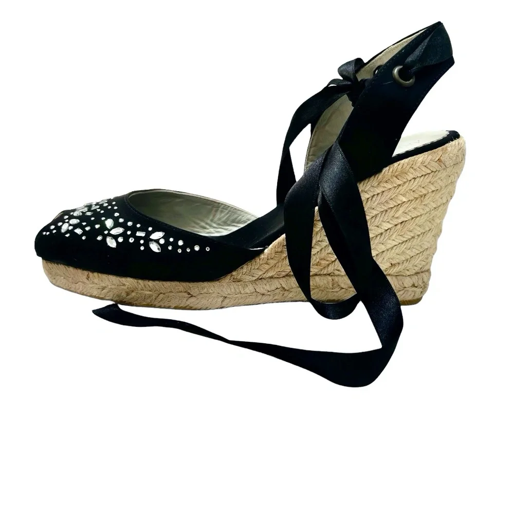 ANNE KLEIN BLACK SATIN WEDGE PEEP TOE ESPADRILLES W SATIN ANKLE WRAP & CRYSTALS
